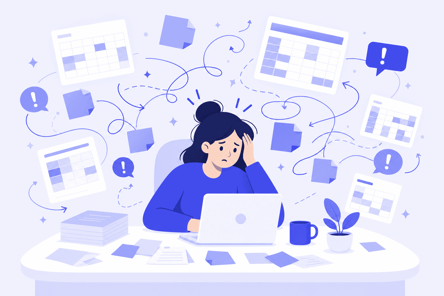 An overwhelmed Amazon seller buried in disconnected spreadsheets and sticky notes
